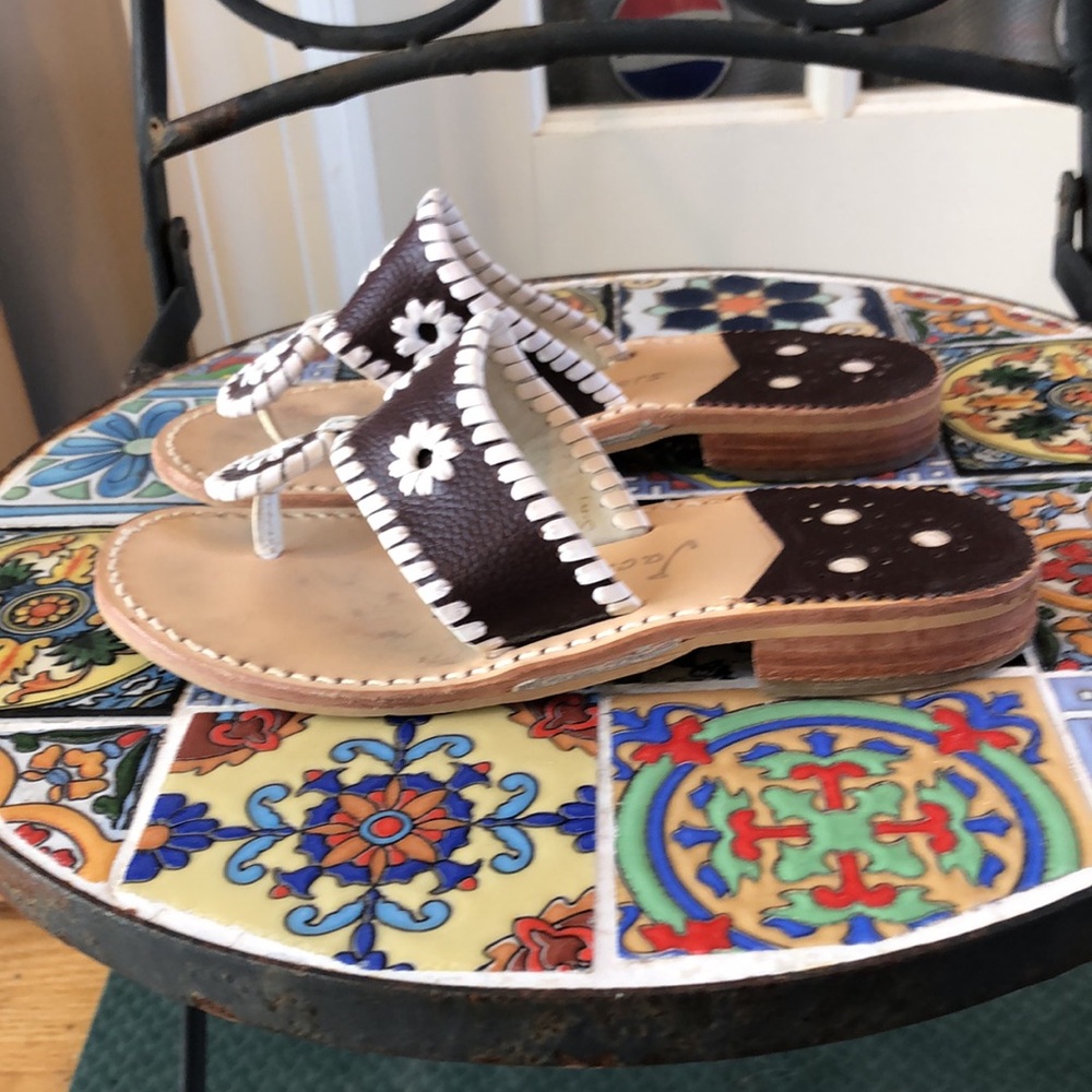 Jack Rogers brown with white whipstitch trim thong sandal with low heel - Picture 3 of 6